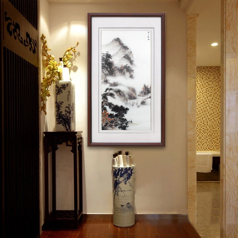 玄关挂画竖版现代简约山水画装饰画中式壁画中国风禅意苏绣成品