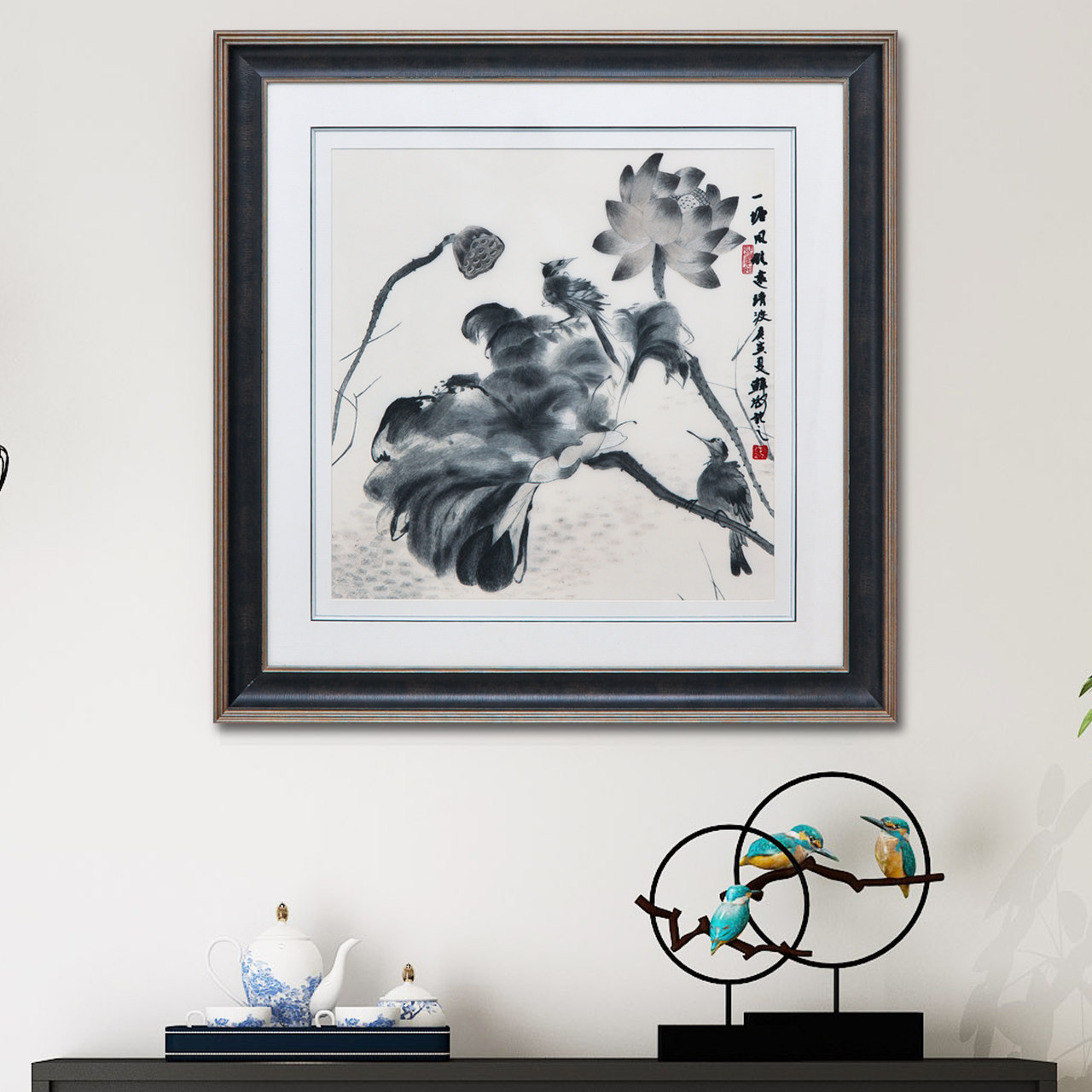 刺绣苏绣水墨画装饰画荷花挂画墙画装饰现代简约餐厅小书房壁画