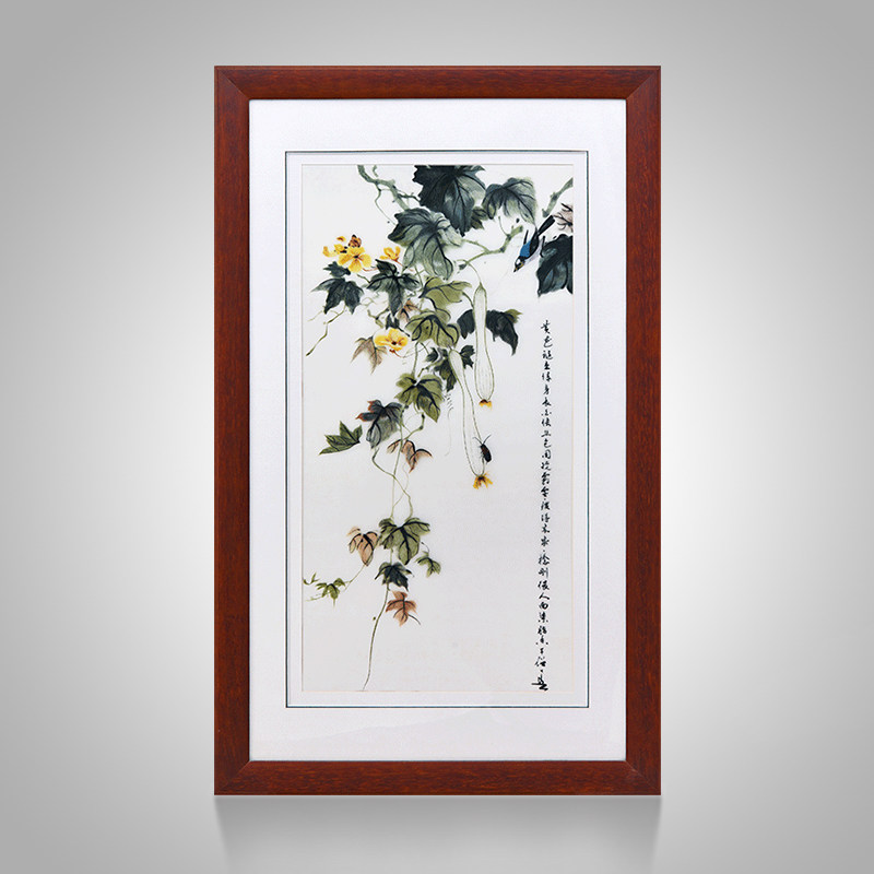 客厅装饰画沙发背景中国风壁画客厅挂画三联玄关壁画竖版手工刺绣