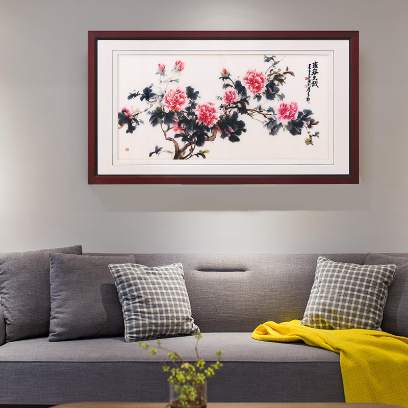 牡丹挂画客厅花开富贵装饰画玄关壁画竖版新中式过道墙画刺绣画