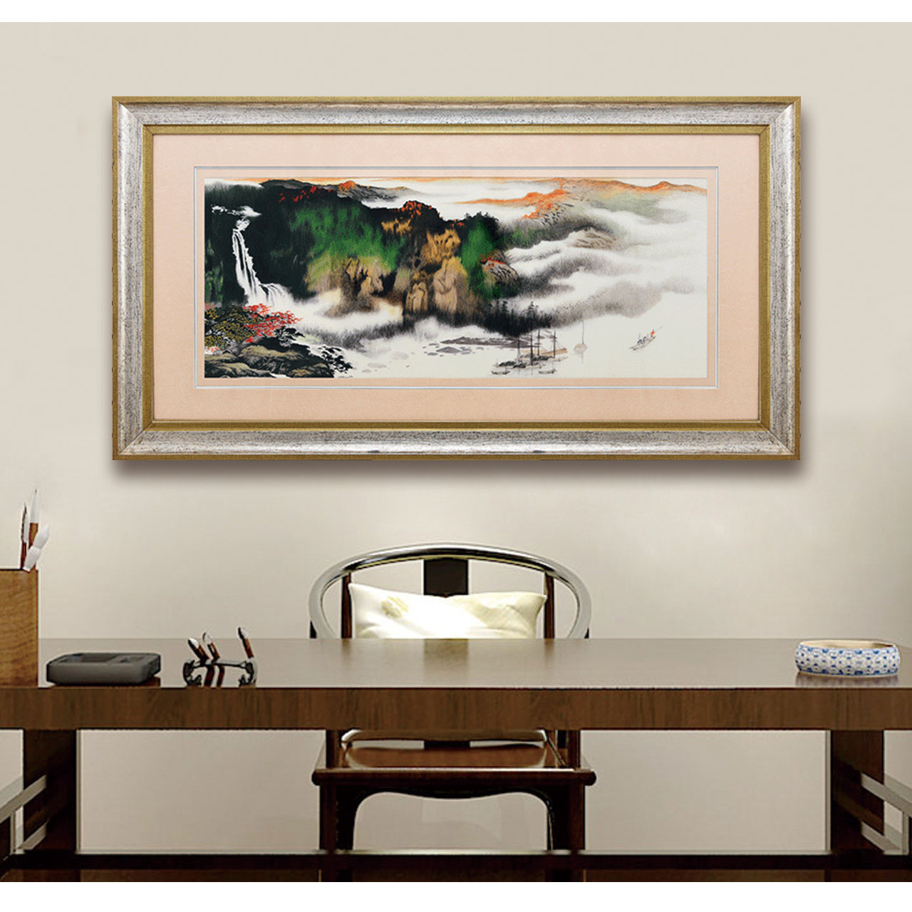 客厅装饰画沙发背景墙挂画壁画流水生财山水风景画刺绣画纯手工