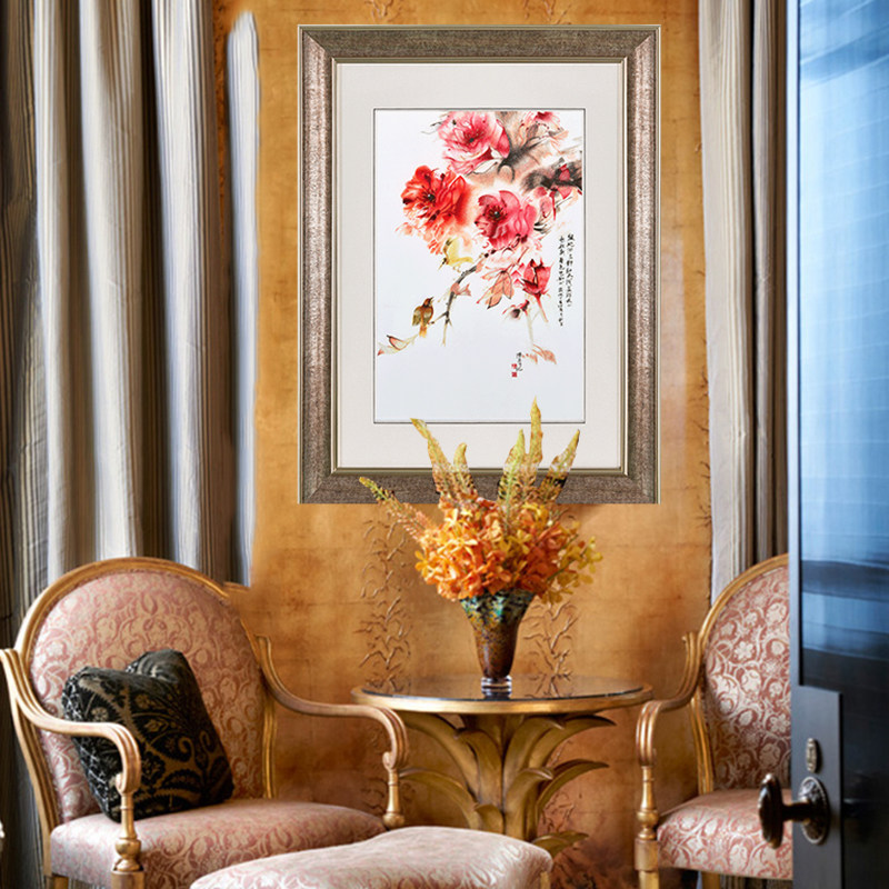 牡丹花装饰画客厅花开富贵餐厅挂画玄关壁画竖版过道中式墙画苏绣