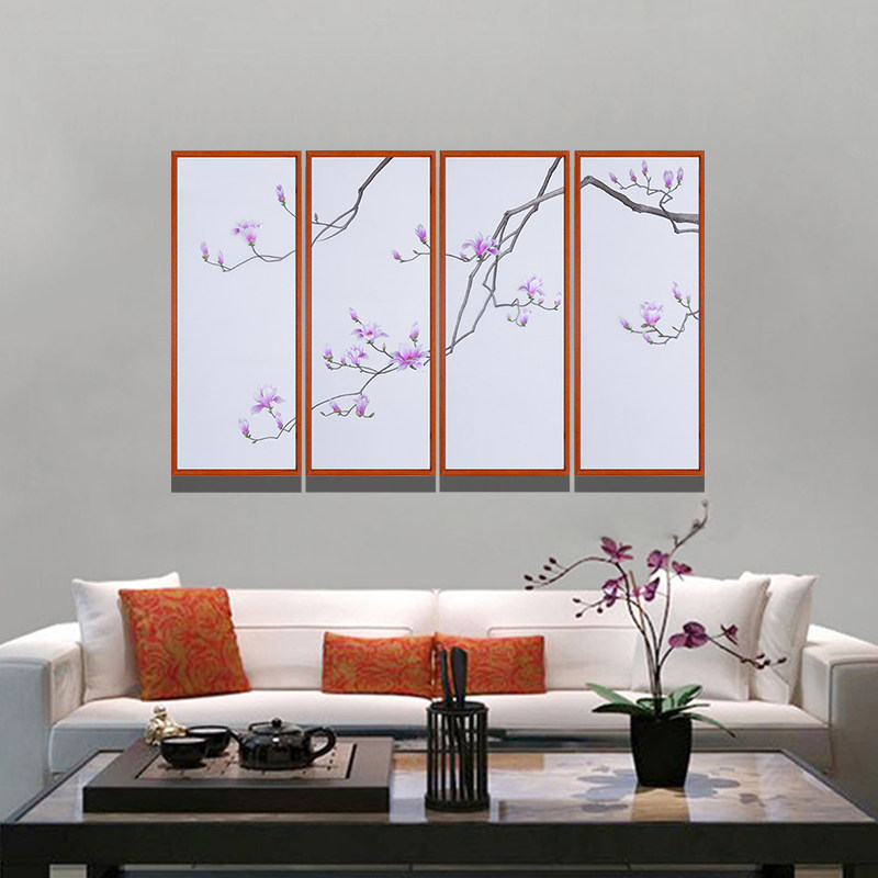 装饰画客厅简约现代三联组合花卉壁画四联画淡雅书房画装饰中国风
