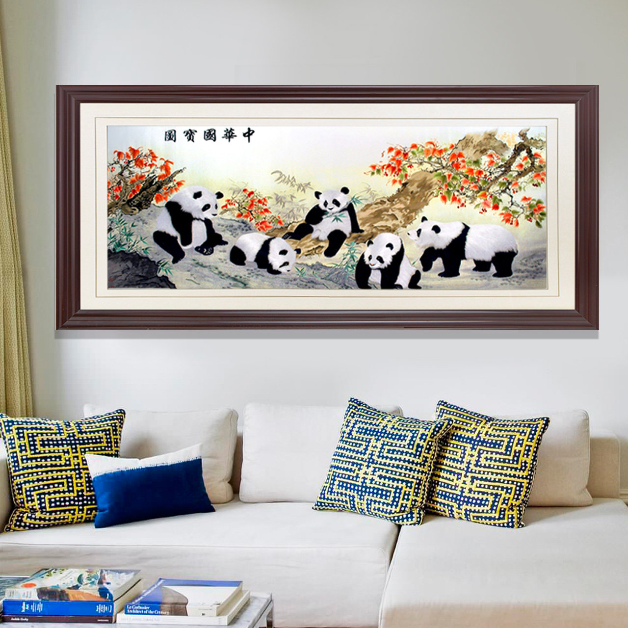 沙发背景墙装饰画八骏图挂画背景画大壁画办公室墙画刺绣画纯手工