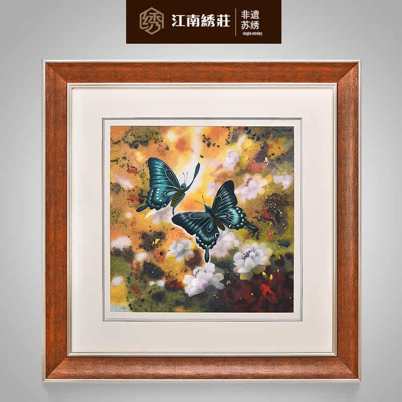 江南绣庄 客厅卧室装饰画蝴蝶美式现代油画重彩 三联组合手工精绣