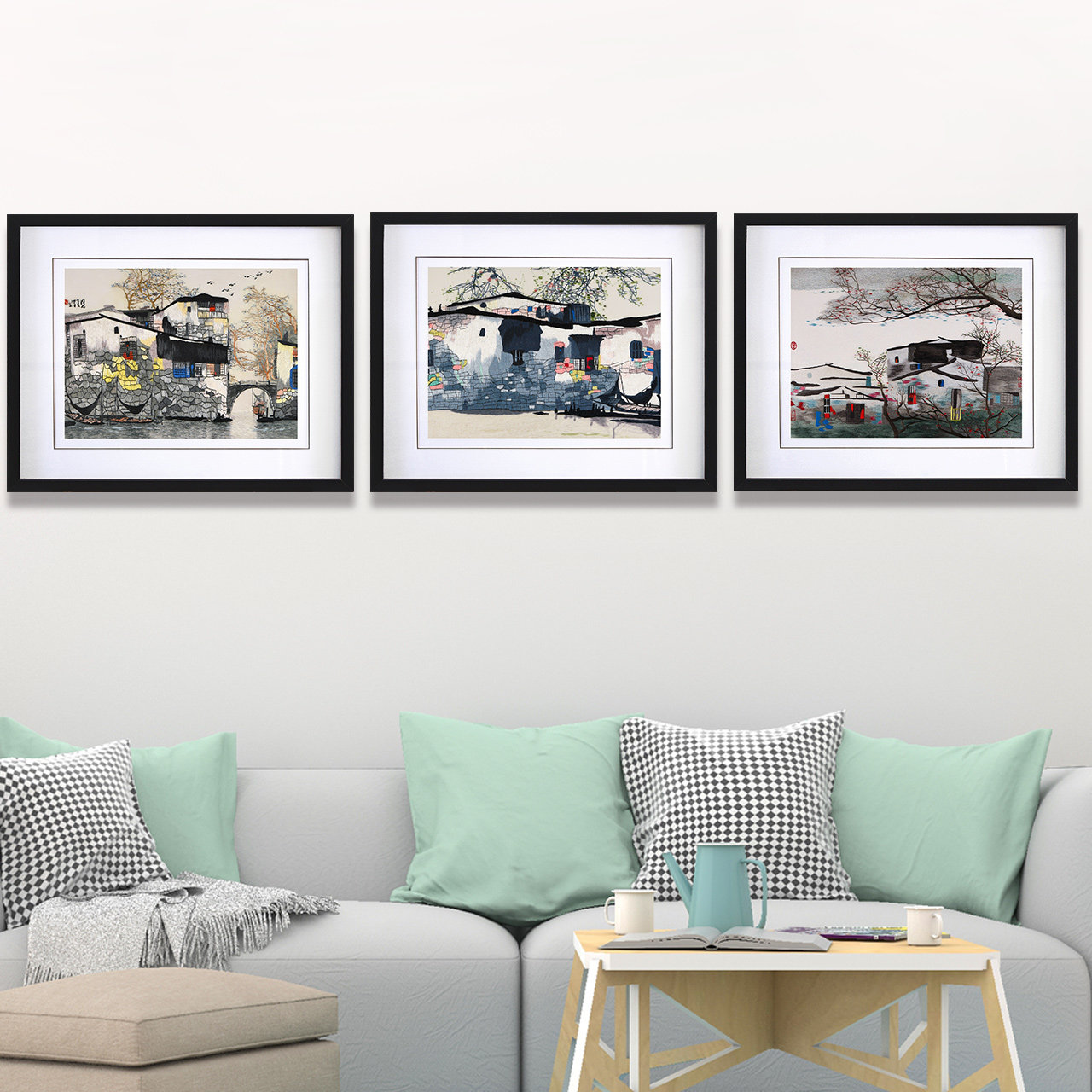 壁画挂画现代简约小清新画装饰新中式风景装饰画客厅玄关三联墙画