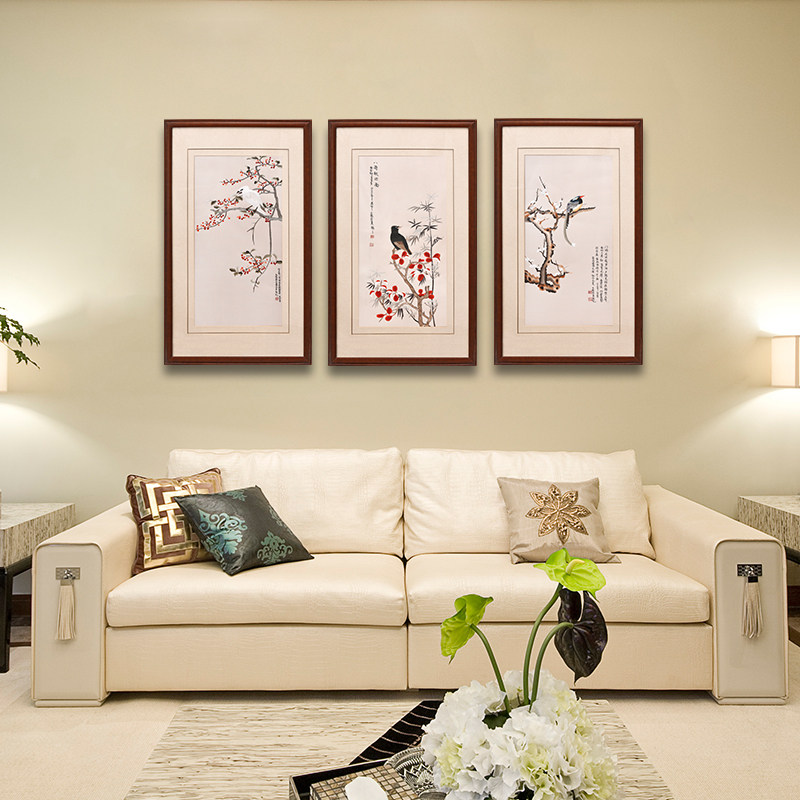 江南绣庄新中式装饰画客厅三联玄关画竖版书房挂画工笔花鸟画装饰