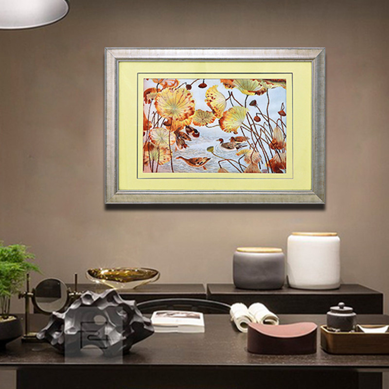 餐厅壁画单幅中式挂画新中式中国风荷花装饰画苏绣刺绣画纯手工