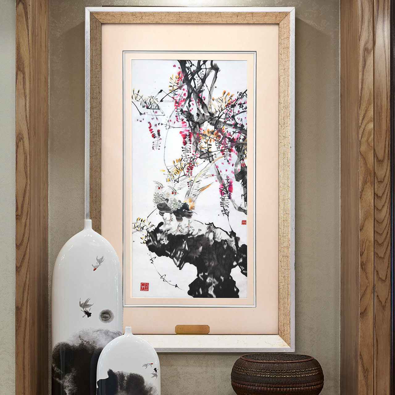 苏绣刺绣手工玄关装饰画竖版走廊书房挂画餐厅壁画饭厅单幅墙画