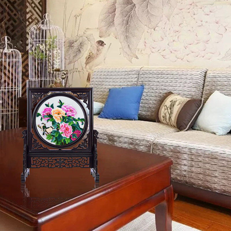 工艺品摆件家居装饰品中国特色礼品客厅苏秀手工刺绣双面绣紫光檀