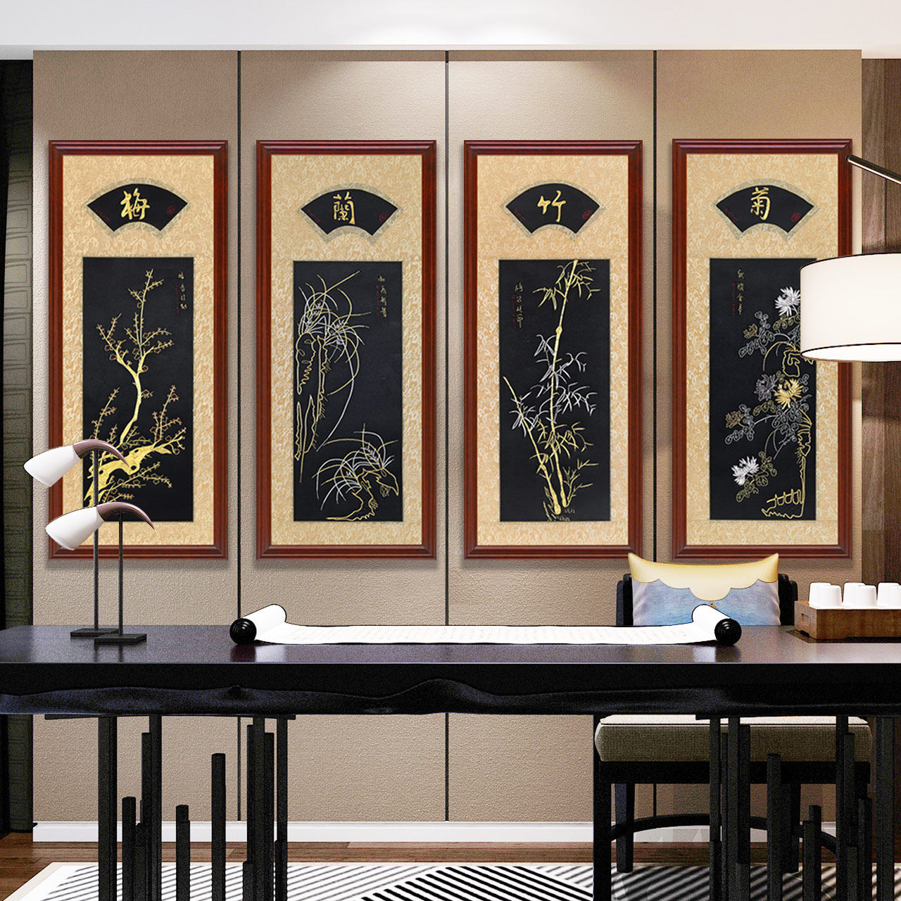 中式装饰画梅兰竹菊挂画客厅现代中式书房壁画苏绣手工刺绣盘金绣