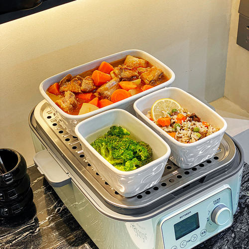 G68陶瓷蒸碗带盖家用电蒸锅专用蒸菜盘耐热芝士焗饭碗长方形烤碗