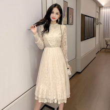 长袖 过膝长裙 蕾丝连衣裙女网红甜美egg裙法式 新款 2019秋装 很仙