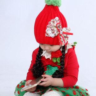 婴儿童针织保暖秋冬季假发帽子红色小辫小孩喜庆女宝宝春天护耳帽