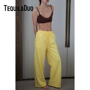 TD夏季限定色 明媚温柔奶油黄抽绳直筒阔腿微喇叭裤休闲长裤