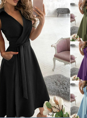 2021EBAY速卖通WISH爆款欧美时尚纯色系腰带无袖深V领连衣裙长裙