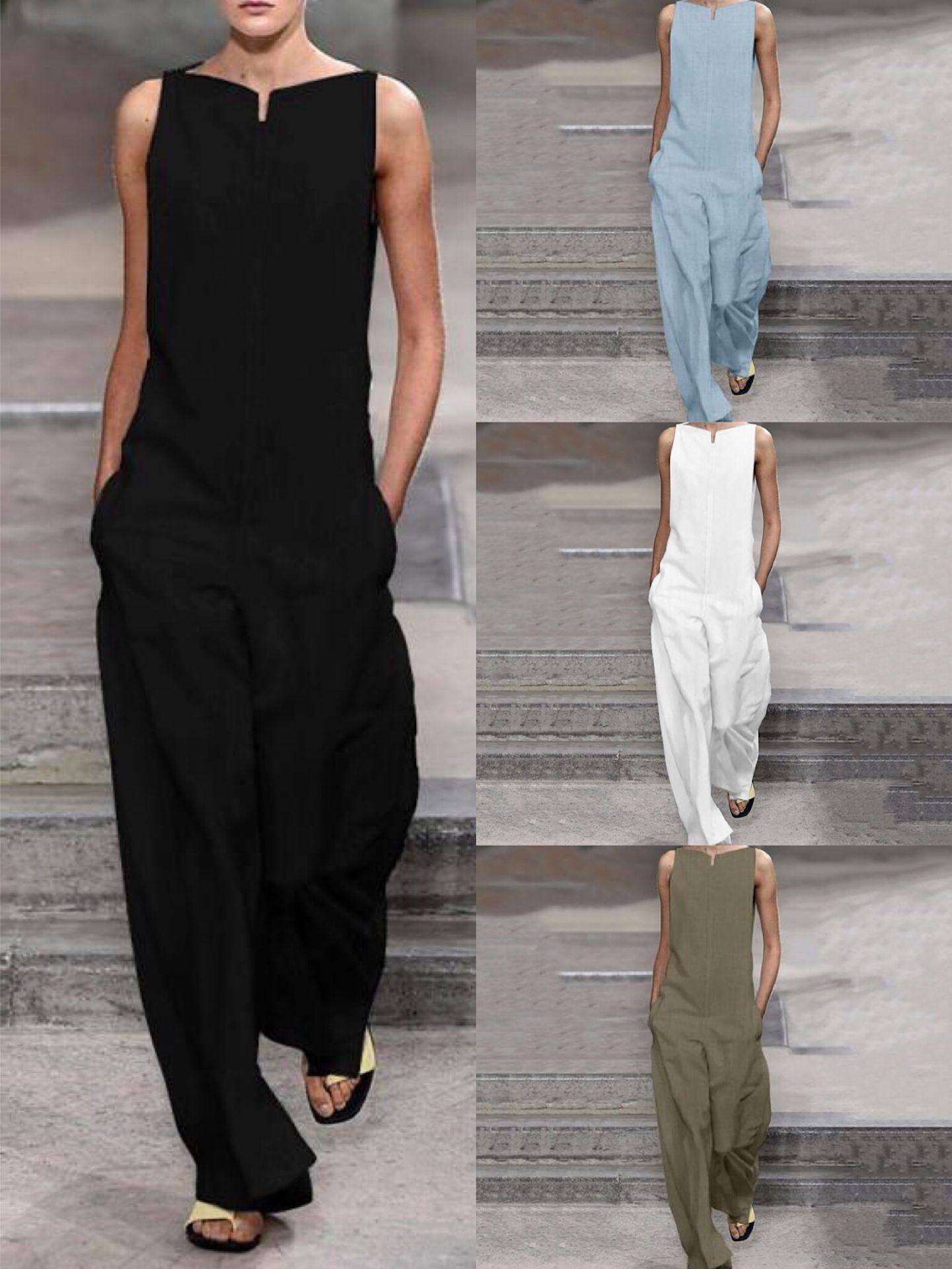 2022新款夏季纯色无袖宽松阔腿长款连体裤欧美风休闲女士连衣裤子