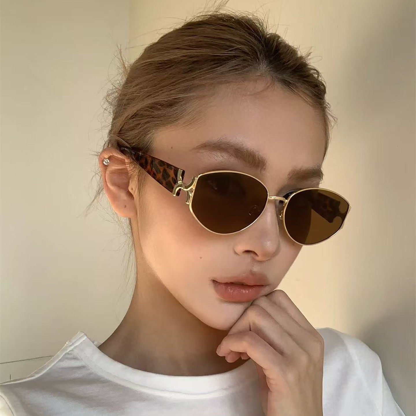 法式新款豹纹金茶猫眼墨镜男女高级感酷潮百搭显白防紫外线太阳镜