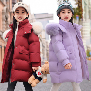 巴拉中长款女童羽绒服儿童2024新品冬装洋气中大童白鸭绒加厚外套