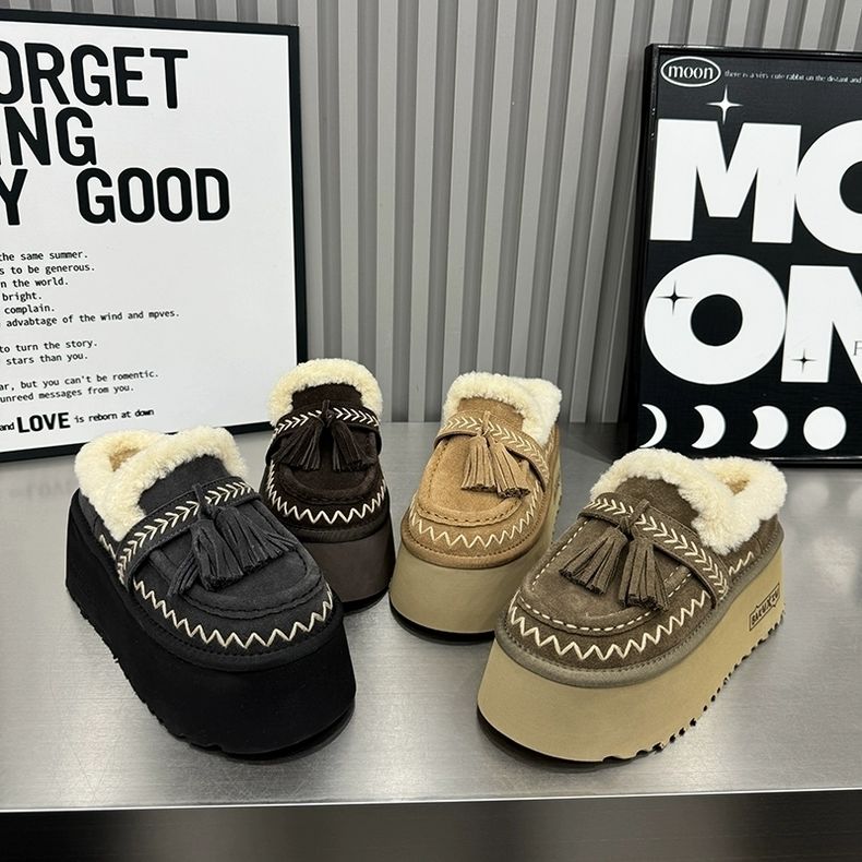 2025新款加绒保暖雪地靴厚底增高短靴女时尚半拖棉拖棉鞋真皮牛皮