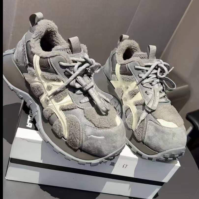 灰色老爹鞋女款冬款加绒加厚保暖羊羔毛厚底2025新款