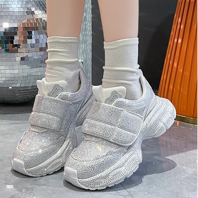 老爹鞋女2025欧洲站满天星懒人鞋秋冬新款满钻魔术贴厚底休闲超轻
