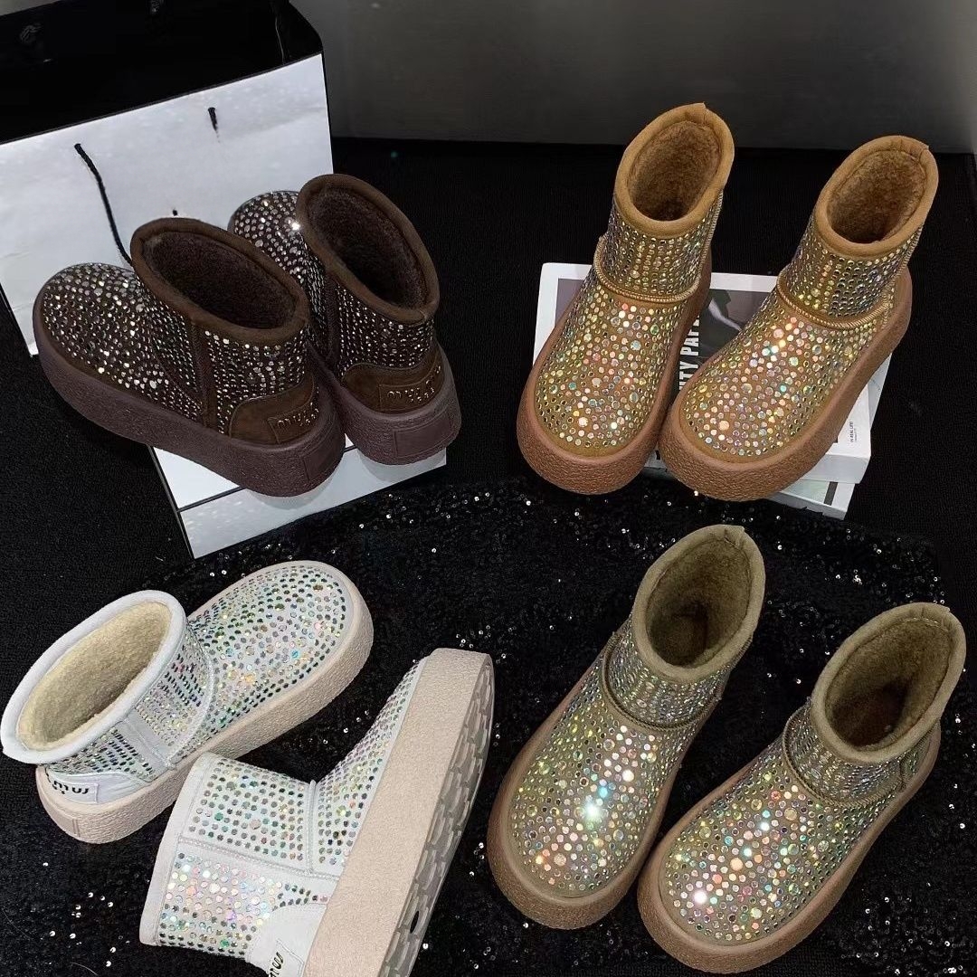 2025新款网红满天星水钻雪地靴女冬厚底棉靴短筒加绒加厚保暖棉鞋