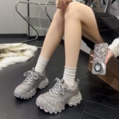 新款 厚底增高6㎝休闲时尚 百搭老爹鞋 2025秋季 女单鞋 真皮水钻绑带