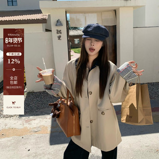 宅宅athome//温蒂日记 韩系复古撞色翻领风衣秋季气质中长款外套