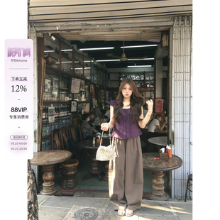 宽松休闲长裤 宅宅Athome 女26新款 慵懒风复古棕阔腿裤 乌木笔记