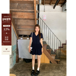 宅宅athome//一日学姐 蕾丝花边v领短袖连衣裙修身短款蛋糕A字裙