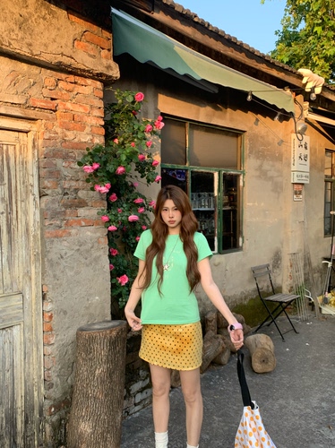 宅宅Athome//青柠卷卷 印花短袖t恤圆领正肩美式复古风休闲上衣