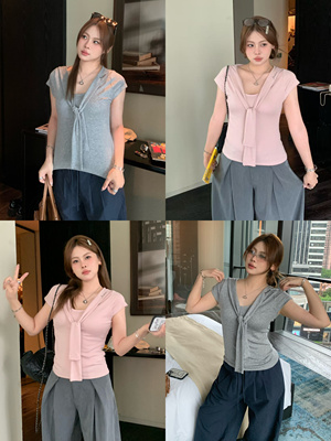 宅宅athome//俏皮珍妮 天丝羊毛假两件披肩短袖T恤修身正肩上衣