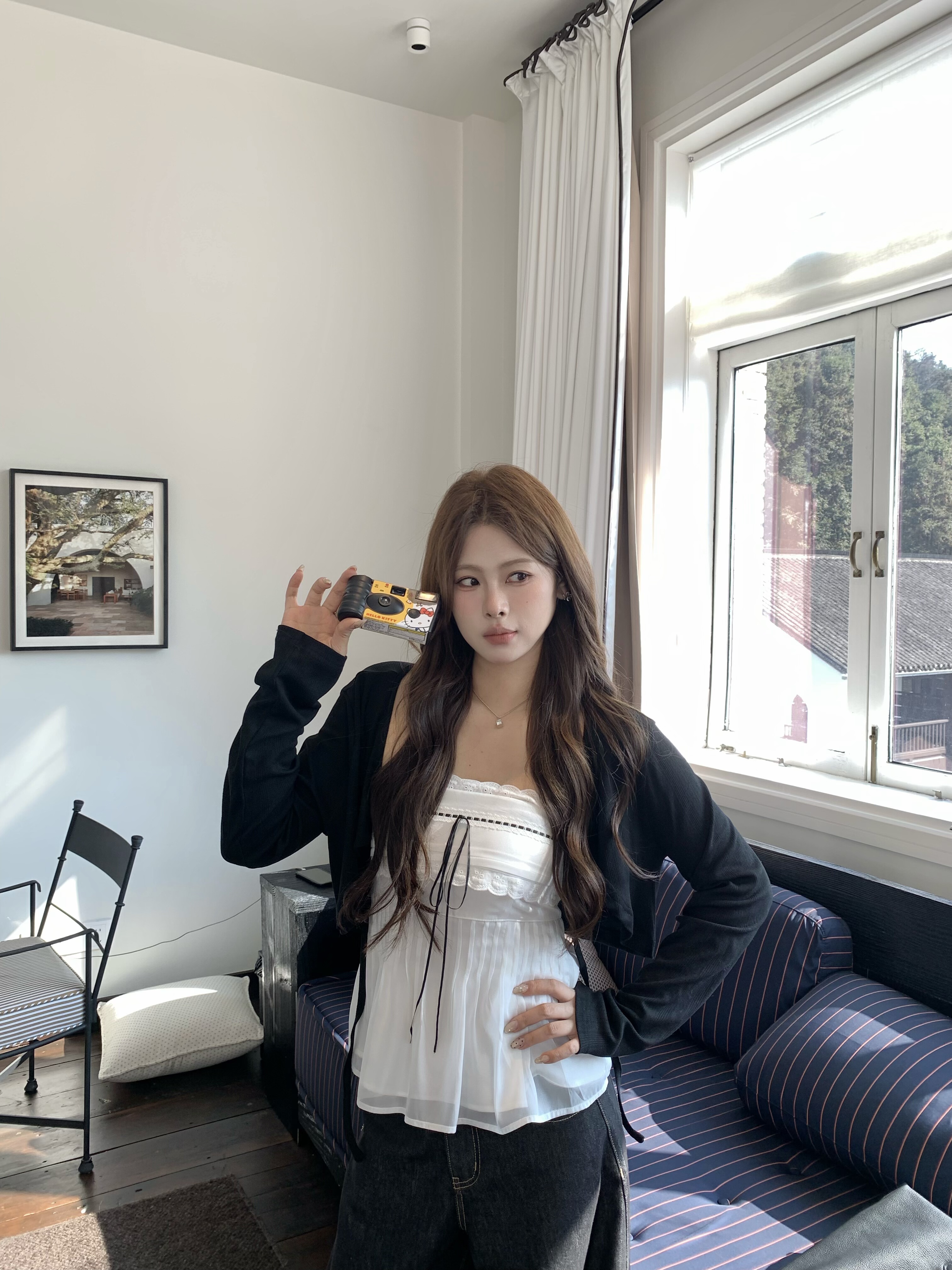 宅宅athome//妮式甜心 纯欲辣妹吊带一字肩抹胸罩衫+牛仔裤三件套