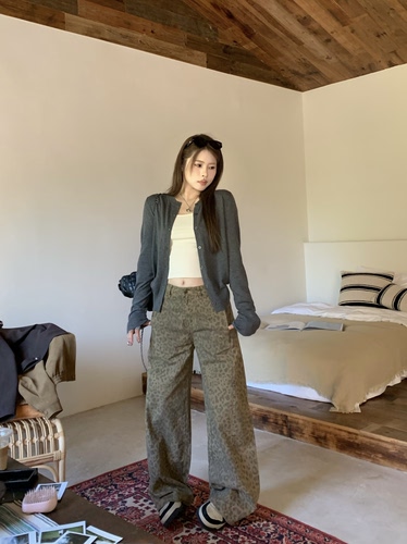 宅宅athome//美街自由 美式复古豹纹直筒阔腿休闲裤bf慵懒风裤子