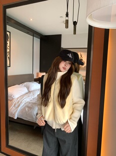 宅宅athome//摩根雪夜 立领针织袖毛毛外套小众设计感短款外套