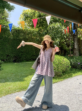 宅宅athome//原创半夏风铃 紫色碎花无袖背心上衣中长款连衣裙女