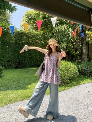 宅宅athome//原创半夏风铃 紫色碎花无袖背心上衣中长款连衣裙女