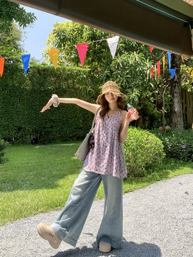 宅宅athome//原创半夏风铃 紫色碎花无袖背心上衣挂脖中长款