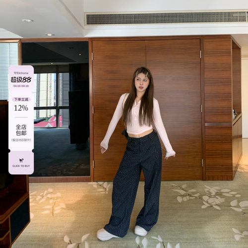 宅宅athome//波点序章 韩系波点阔腿弯刀裤高腰显瘦百搭休闲长裤