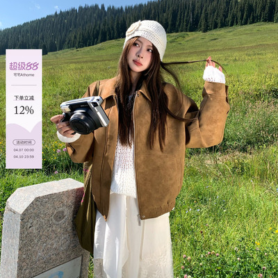 宅宅athome//【藤姐同款】复古仿麂皮外套翻领宽松休闲上衣夹克