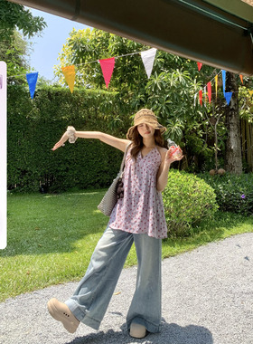 宅宅athome//原创半夏风铃 紫色碎花无袖背心上衣挂脖中长款