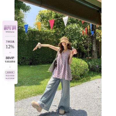 宅宅athome//原创半夏风铃 紫色碎花无袖背心上衣挂脖中长款