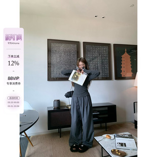 抽绳系带垂感拖地长裤 宅宅athome 裤 灰色压褶休闲西装 冷萃曼特