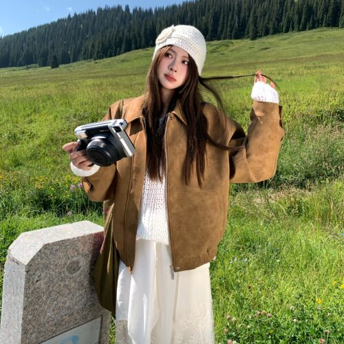 宅宅athome//【藤姐同款】复古仿麂皮外套翻领宽松休闲上衣夹克