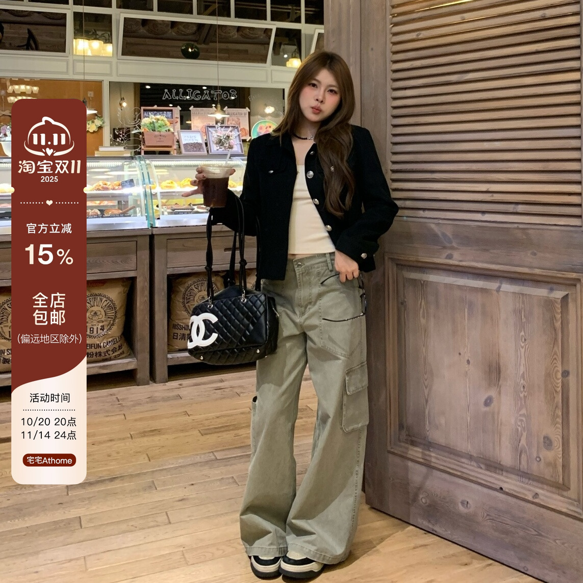 宅宅athome//加州之旅 做旧重工多口袋工装裤高腰直筒阔腿休闲裤