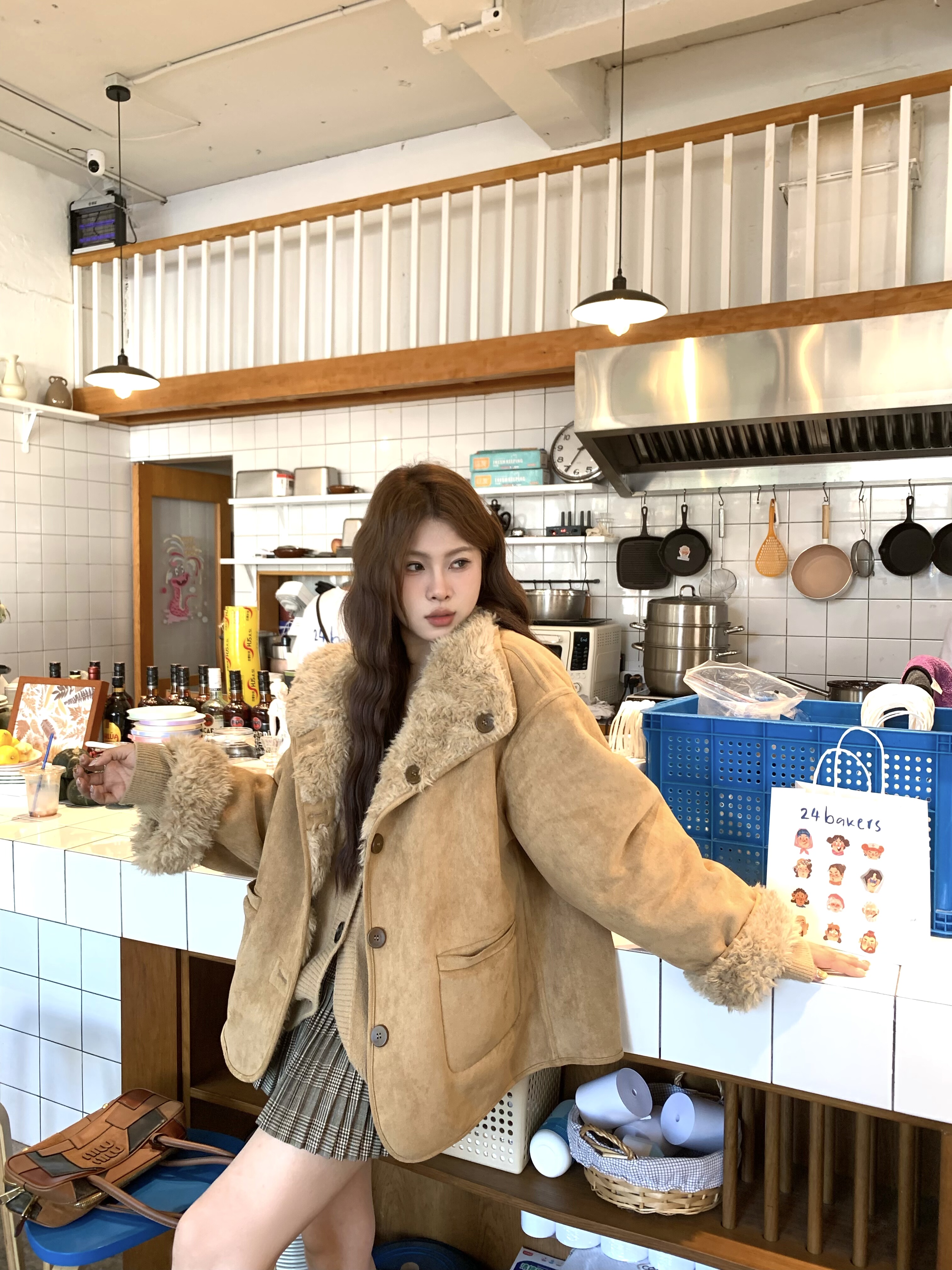 宅宅athome//伯爵奶茶 双面穿皮毛一体外套立领羊羔毛保暖上衣