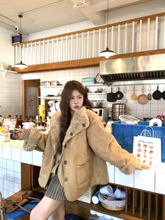 宅宅athome//伯爵奶茶 双面穿皮毛一体外套立领羊羔毛保暖上衣