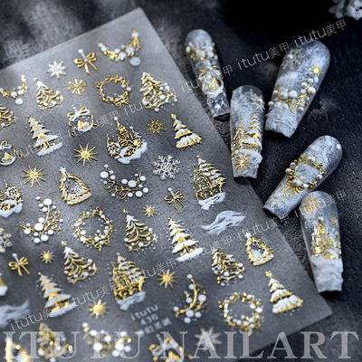 圣诞浮雕美甲贴纸烫金雪花圣诞树