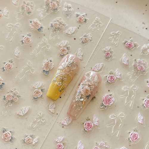 玫瑰花园美甲贴纸浮雕蝴蝶花朵